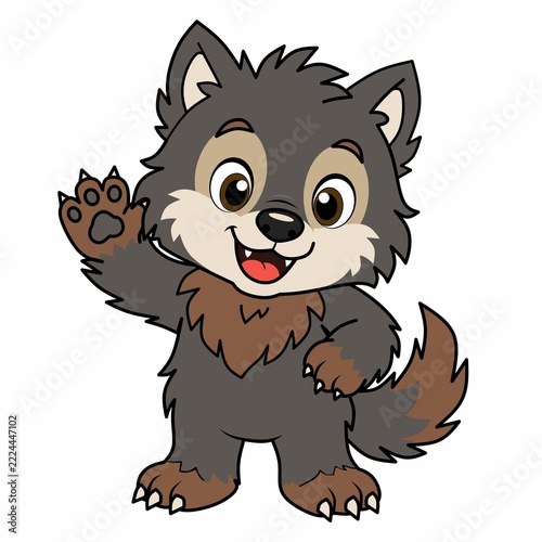 Cute cartoon wolf pup waving its paw with a happy smile, isolated on white background, ideal for kids' designs and animal illustrations