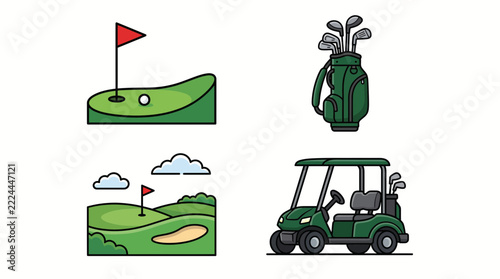 Golf Sport Icons Set with Clubs Cart and Green Course Vector