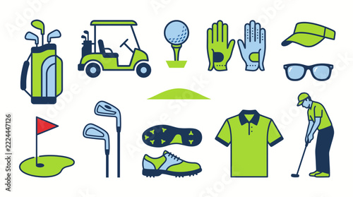 Golf Equipment and Icon Set Vector Illustrations in Green and Blue