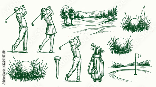 Golf Hand Drawn Illustration Set with Players and Course Landscape