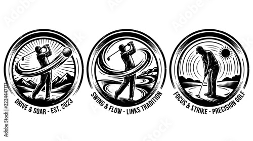 Vintage Golf Emblem Vector Set with Swing and Putter Icons