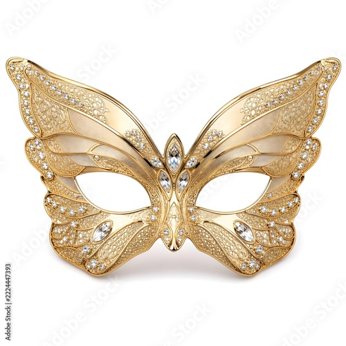 Luxurious gold filigree butterfly masquerade mask encrusted with sparkling diamonds and crystals isolated on white background