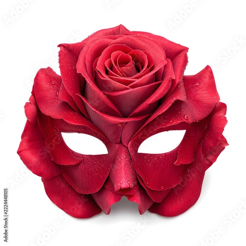 Stunning red rose flower masquerade mask covered in fresh morning dew water droplets isolated on white background