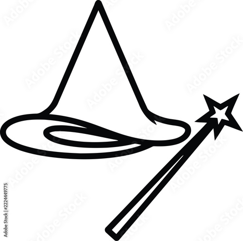 Wizard hat and magic wand line art icon isolated on transparent background for fantasy design