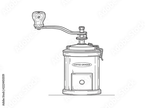 Vintage Manual Coffee Grinder Line Art Illustration - Hand Crank Burr Mill Design