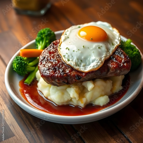 Juicy Grilled Steak with Mashed Potatoes and Fried Egg