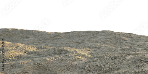 Dry rocky terrain with barren rolling hills and rough soil isolated on transparent background – 3D rendering.