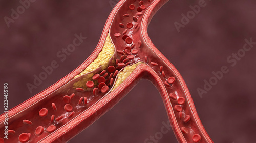 Cross-section of a blood vessel showing red blood cells and plaque buildup narrowing the artery.