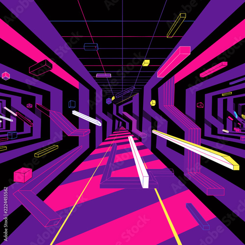 Retro synthwave vector illustration, neon purple and pink isometric abstract geometric tunnel corridor, geometric art for futuristic banner design