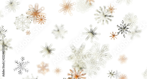 Abstract digital illustration of elegant snowflakes falling against a dark black background. Winter