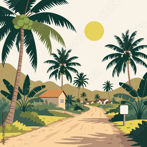 Retro tropical road vector, palm tree landscape illustration, sunny village travel graphic