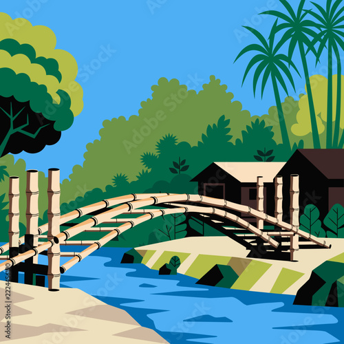 Tropical Bamboo Bridge Vector Illustration, Riverside Landscape with Palm Trees, Blue River and Green Forest Scenery. Ideal for Travel Travel Design
