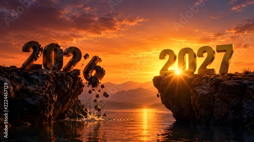New Year 2027 Transition with 2026 Crumbing into Water at Sunset Landscape