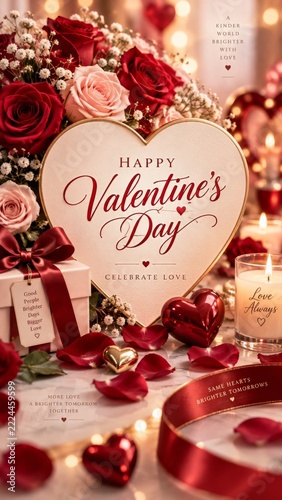Valentines Day Poster with red roses gifts and heart decorations