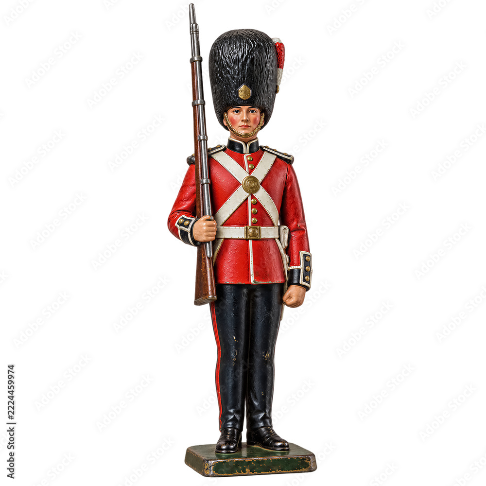 Naklejka premium Toy soldier figurine in red uniform with tall black bearskin hat holding rifle, isolated on transparent background. Decorative ornament, holiday decor, collectible figure.
