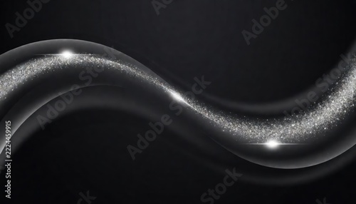 Abstract black background with flowing shiny silver wave and sparkling light effects
