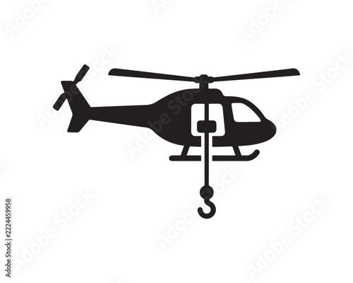 Black silhouette icon of a rescue helicopter with a hanging cargo hook for aviation transport design