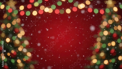 Festive Holiday Christmas Tree Bokeh Lights with Red Background and Snowfall Effect