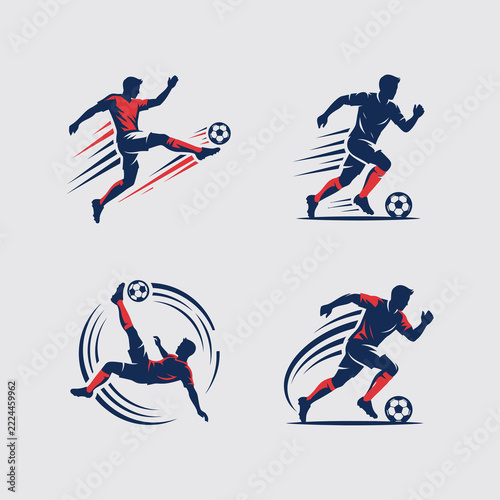 Dynamic Soccer Player Silhouettes Showing Kicking, Dribbling and Bicycle Kick Motion in Red and Blue