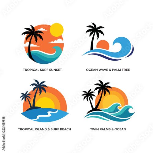 Tropical Palm Tree Sunset Ocean Wave and Surf Beach Logo Icon Set for Travel