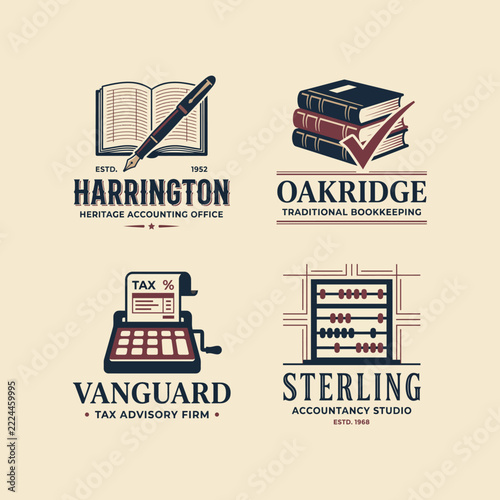 Vintage Accounting and Bookkeeping Logo Set With Tax Calculator, Abacus, Books and Pen