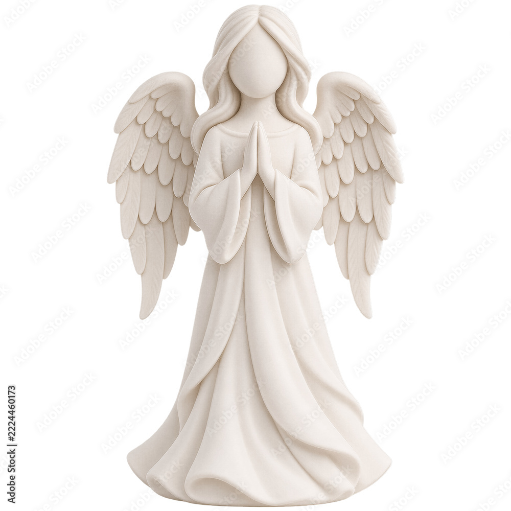 Fototapeta premium White angel figurine with wings in prayer pose, isolated on transparent background. Religious sculpture, spiritual symbol, decorative ornament.
