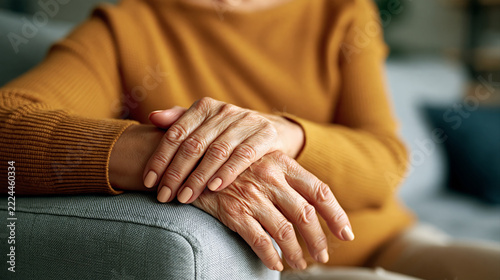 Close Up of Older Woman Holding Her Wrist While Seated on Sofa Created with Generative AI Technology AI Generative
