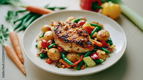Seared Chicken Breast with Baby Potatoes and Colorful Vegetables Created with Generative AI Technology AI Generative