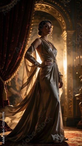Elegant Woman in Flowing Golden Gown in Opulent Historic Interior
