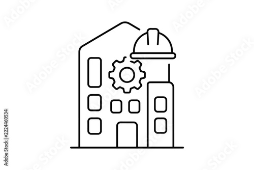 Industrial factory building icon with gear and hard hat, line art