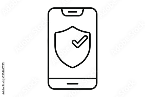 Smartphone with shield and checkmark icon, mobile security, line art