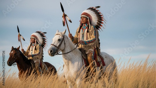 Native American Chiefs in Traditional Regalia Riding Horses in Prairie