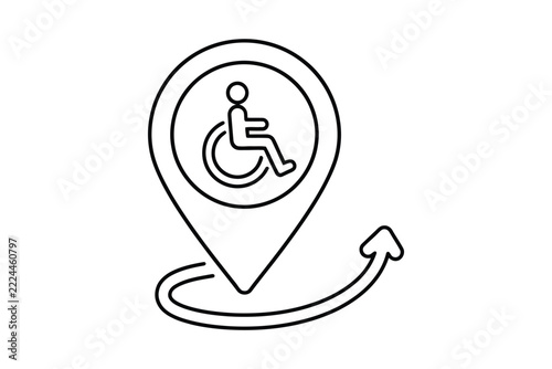 Wheelchair accessible location pin icon with route arrow, line art
