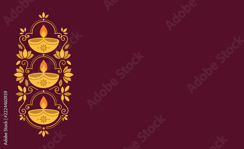 Diwali festival banner with glowing oil lamps and traditional floral ornament design on a dark red background