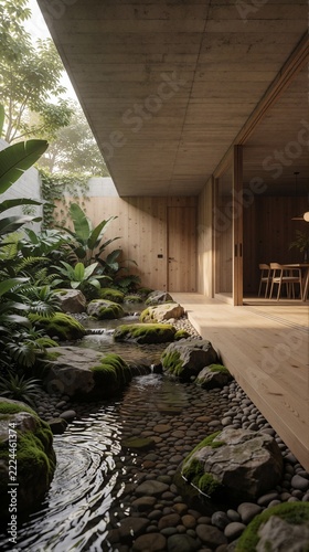 Modern Architecture Interior with Zen Courtyard Garden and Water Feature