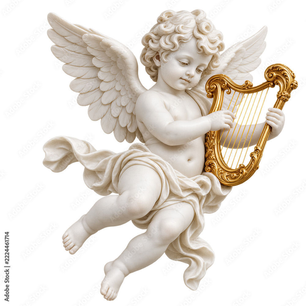 Fototapeta premium Sculpture of a winged cherub playing a golden harp, white marble texture with ornate gold instrument, isolated on transparent background. Renaissance style, classical art
