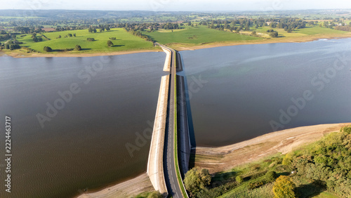 Aerial view of road over Blithfield Reservoir, near Rugeley, England