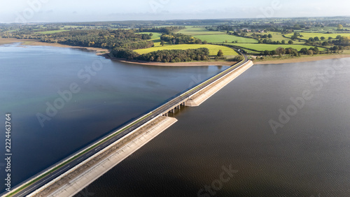 Drone view of B5013 over Blithfield Reservoir, Staffordshire, England, UK