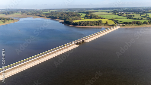 Aerial view of highway over Blithfield Reservoir, Staffordshire, England, UK