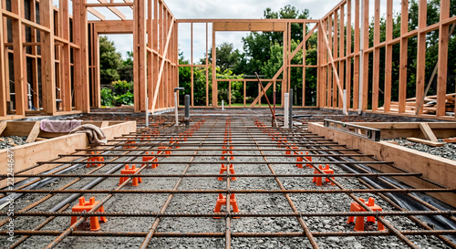 Close-up view of a metal rebar reinforcing grid elevated on orange plastic chairs spacers, prepared for pouring concrete foundation slab within a timber framed residential house under construction