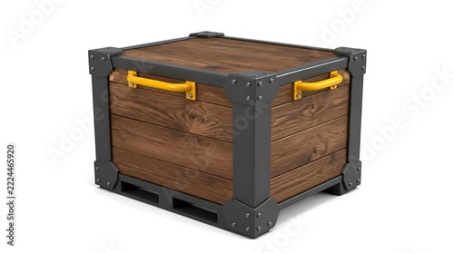 Wooden Cargo Crate with Metal Corners and Yellow Handles