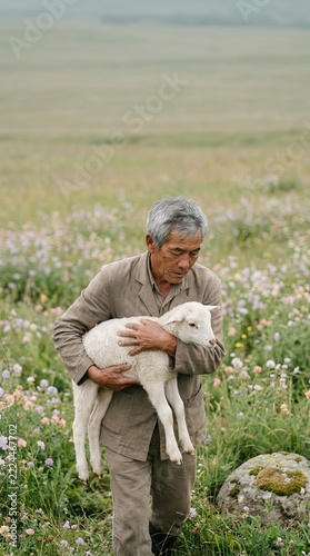 Elderly man holding a white lamb in a wildflower meadow
