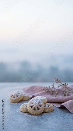 Buttery lattice shortbread cookies dusted with powdered sugar on a soft cloth with blurred mountain view