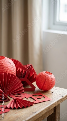 Red Paper Lanterns And Fan Decorations On A Wooden Table By A Window