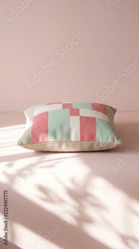 Colorful patchwork cushion resting on pink surface with soft shadows