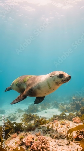 Seal swimming underwater above seabed with seaweed and coral