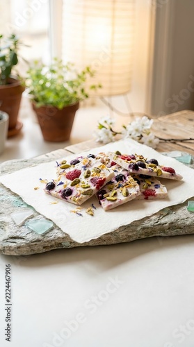 White chocolate bark with berries, pistachios and edible flowers on parchment paper
