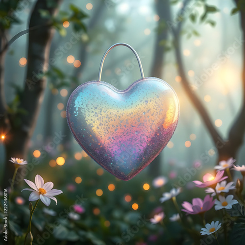 Iridescent Heart-Shaped Glitter Bag in a Magical Forest