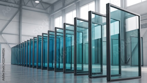 A long orderly row of large double glazing glass window panels in dark aluminum frames standing on the floor of a modern industrial manufacturing factory.