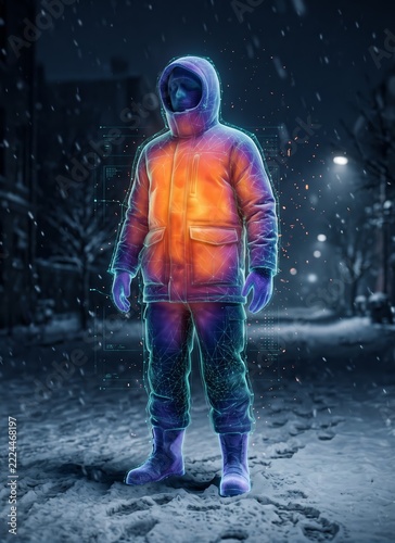 Futuristic winter clothing concept featuring a glowing digital wireframe and insulated parka in a snowy environment, representing thermal protection, smart textiles, wearable technology